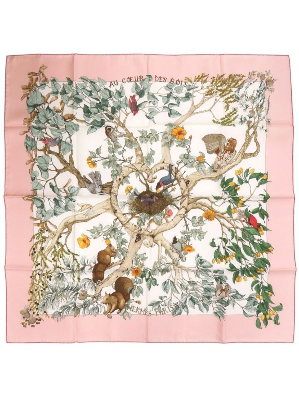Hermes Carre 90 Au Cœur Des Bois in the Depths of the Forest Silk Pink Scarf
